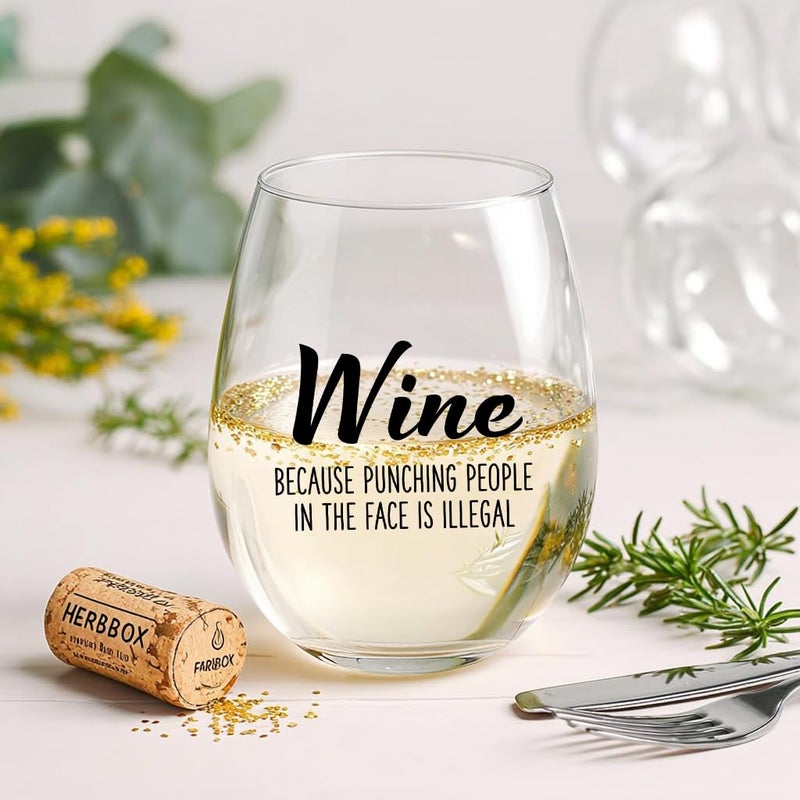 LANBAIHE Wine Because Punching People in the Face is Illegal - Funny 15oz Stemless Wine Glass - Novelty Gifts for Women, Men, Mom, Sister, Friend, Coworker, Boss, Aunt - Unique Birthday, Christmas - Image 2