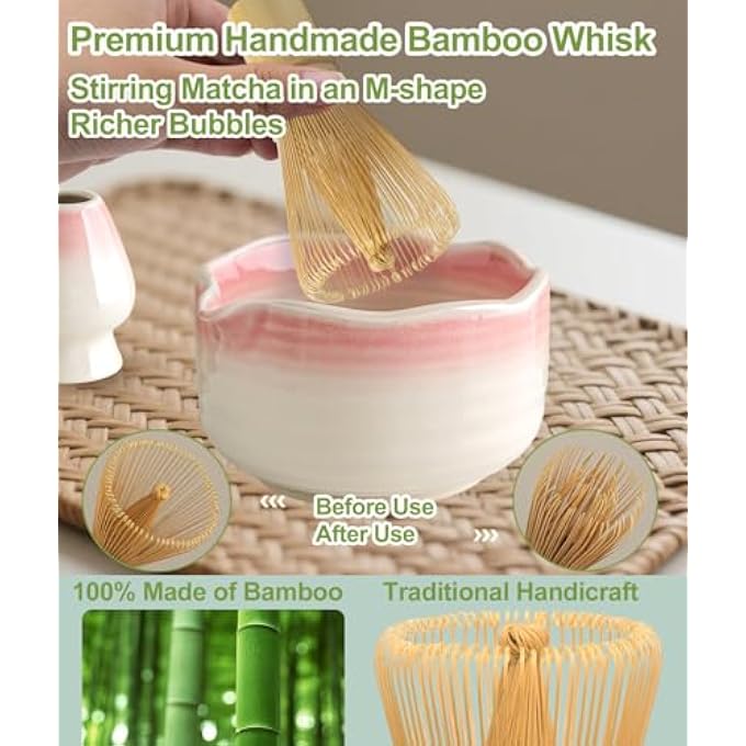 Jber Matcha Set Matcha Tea Set 7 Pcs  Bamboo Matcha Whisk Matcha Bowl With Spout Matcha Whisk Holder Sieve Spoon And Holder Japanese Matcha Accessories For Matcha Lover  Gradient Pink - Image 5