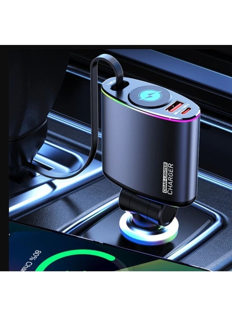 محول شحن سريع للسيارة عالي السرعة مع كابل قابل للسحب ومنفذ USB مناسب للهواتف والأجهزة المحمولة - Image 1