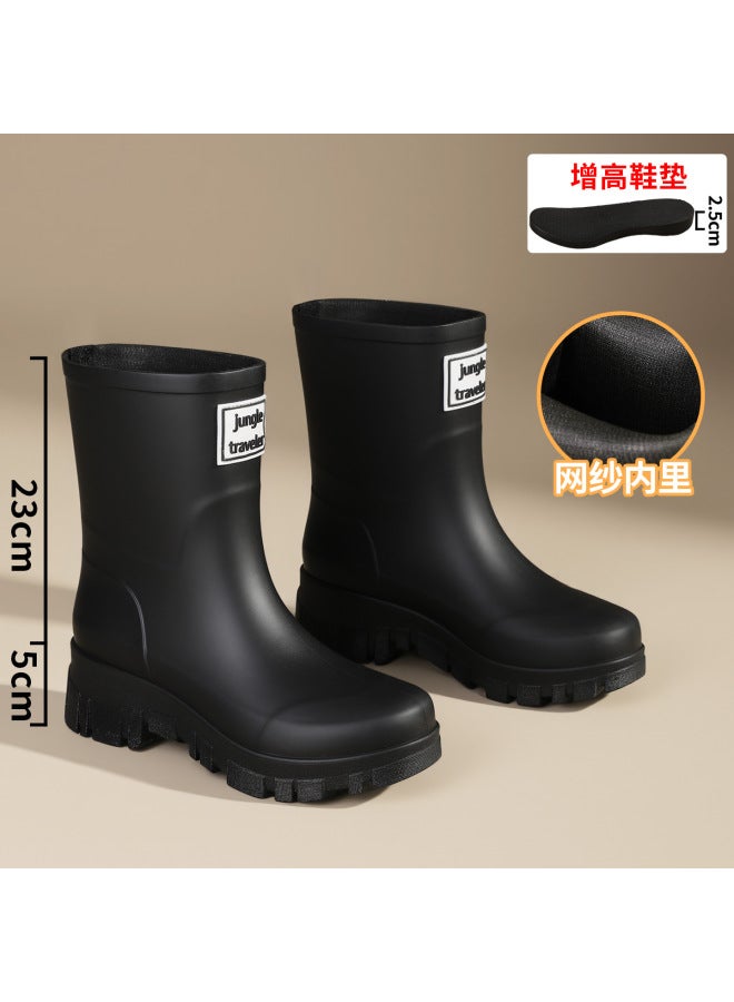 Outdoor Ultra-modern Mid-calf Fashionable Waterproof Drawstring Women's Rain Boots With Fleece Lining, Suitable For Rainforest , Non-slip, Warm, And Durable Rubber Shoes