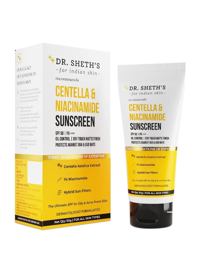 Dr. Sheth's Dr Sheth's Centella & Niacinamide Sunscreen SPF 50 PA+++ | For Oily & Acne-Prone Skin | Sweat Proof Sunscreen | Water-Resistant Sunscreen | Dry Touch Matte Finish | Controls Excess Oil| - Image 1