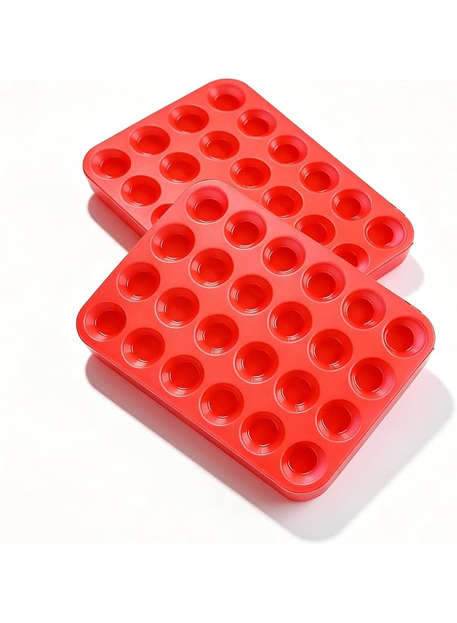 2-Pack Red Silicone Muffin Pans, 24-Cup Baking Trays, Flexible Durable Molds for Cupcakes, Mini Cakes and Bread, Dishwasher Safe