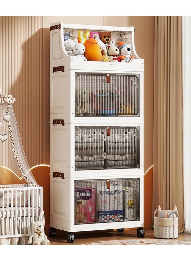 4-Tier Foldable Storage Cabinet with Wheels and Transparent Doors White 48 x 28 x 102 cm - Image 1