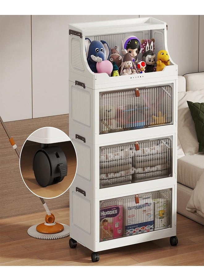 4-Tier Foldable Storage Cabinet with Wheels and Transparent Doors White 48 x 28 x 102 cm - Image 2