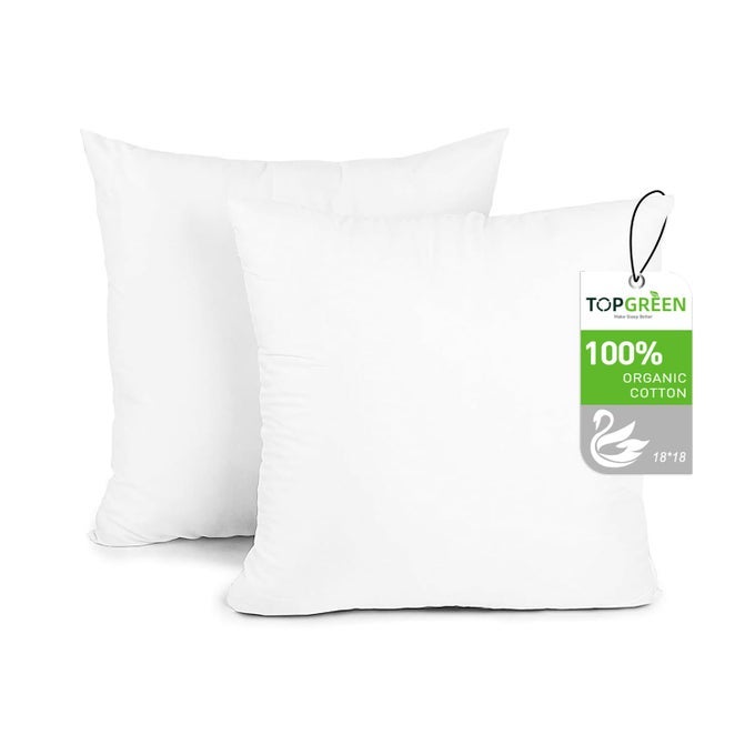 FEATHERS DOWN PILLOW INSERTS 18 X 18 SQUARE ORGANIC PILLOW INSERT FOR BED SOFA AND COUCH 100 COTTON SHELL SOFT MEDIUM DECORATIVE PILLOW INSERT SET OF 2 WHITE