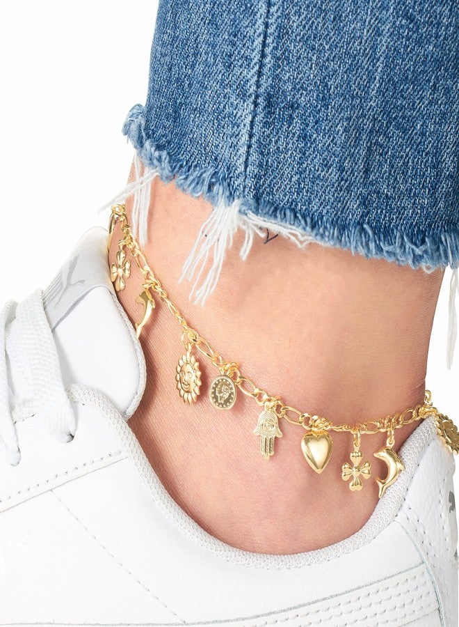 Barzel 18K Gold Plated Charm Anklet, Multi Charm Anklet for Women, 10 Inches - Made In Brazil - Image 2