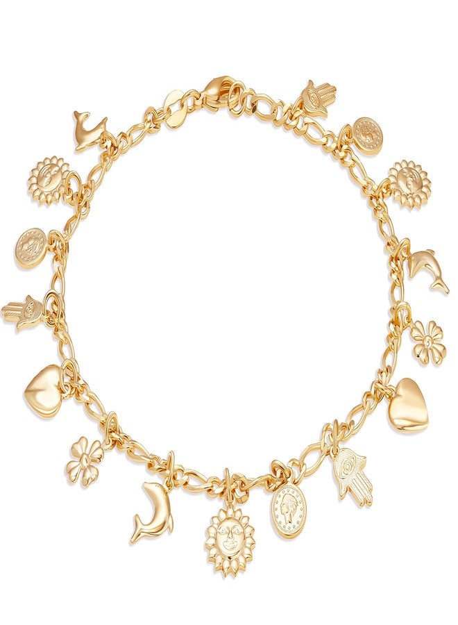 Barzel 18K Gold Plated Charm Anklet, Multi Charm Anklet for Women, 10 Inches - Made In Brazil - Image 1