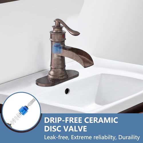 Homevacious Bathroom Faucet Copper Waterfall Bathroom Sink Faucets with Single Handle Rustic Vanity Farmhouse RV Faucet Suitable for 1 or 3 Holes with Pop-up Drain Deck Plate Hose - Image 4