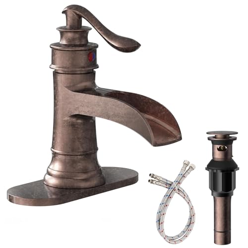 Homevacious Bathroom Faucet Copper Waterfall Bathroom Sink Faucets with Single Handle Rustic Vanity Farmhouse RV Faucet Suitable for 1 or 3 Holes with Pop-up Drain Deck Plate Hose - Image 1