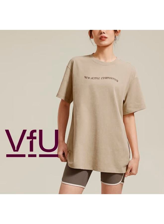 Vfu Loose-fit Sports T-shirt Short Sleeve Women's New Versatile Outdoor Casual Fitness Wear, Washed Light Brown, S - Image 1