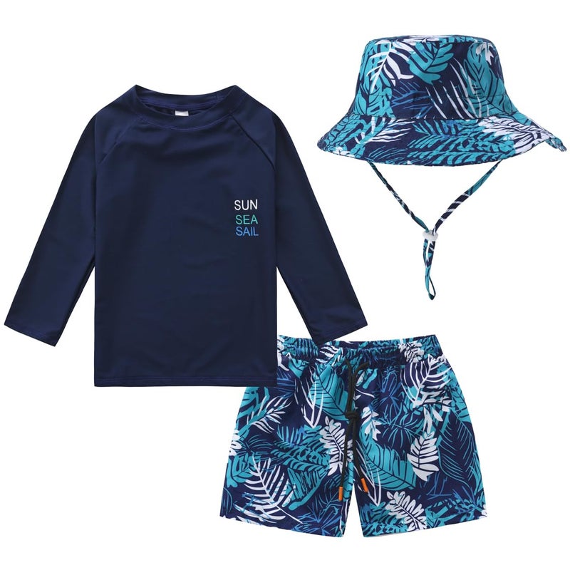 HDOBHIO Toddler and Baby Boys' 3-Piece Swimsuit Trunk Rashguard Set Sun Hat Swimwear Bathing Suit Sunsuit Swim Shirt Set Navy Tropical 2-3T - Image 1
