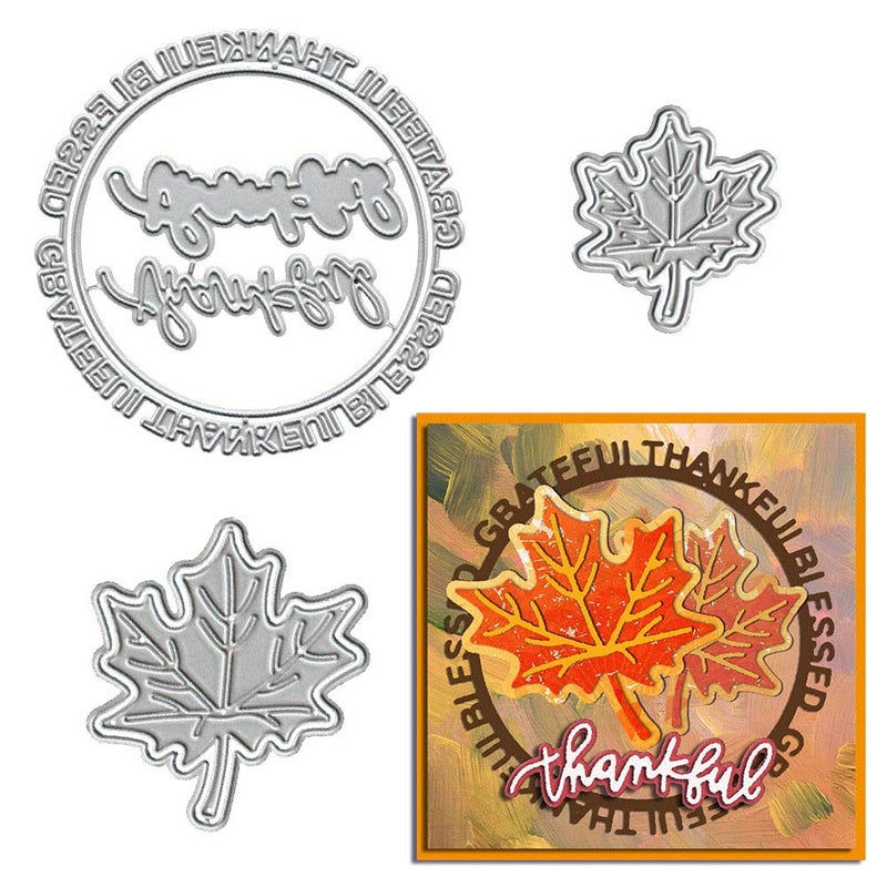 Metal Autumn Thanksgiving Die Cuts for Card Making Thankful Words Round Frame Dies Plant Fall Maple Leaves Cutting Dies for DIY Decor Paper Craft Card Making Scrapbooking Paper Album Stamp