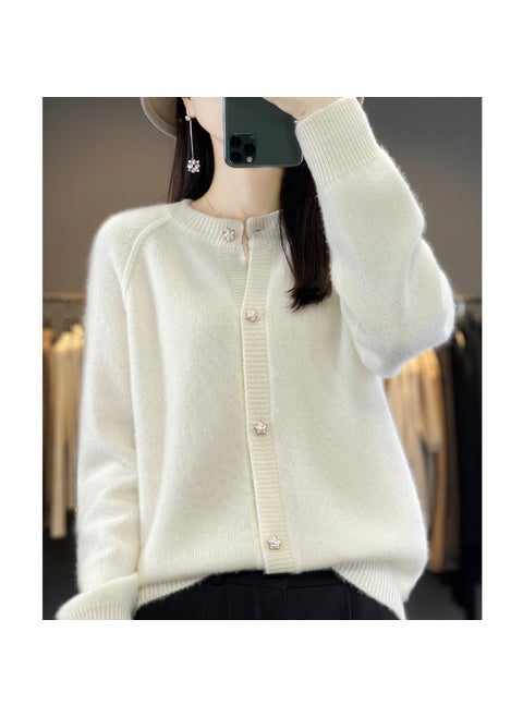 Wool Blended 2024 Autumn and Winter New Round Neck Short Solid Color Thickened Raglan Sleeve Star Button Knitted Cardigan Sweater White