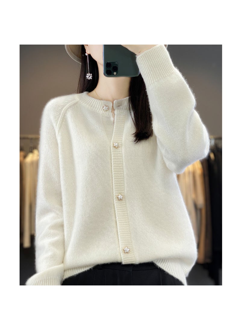 Wool Blended 2024 Autumn and Winter New Round Neck Short Solid Color Thickened Raglan Sleeve Star Button Knitted Cardigan Sweater White