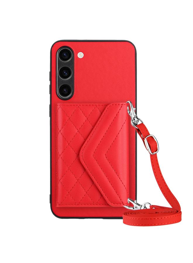 erorex For Samsung Galaxy S23+ 5G Rhombic Texture Card Bag RFID Phone Case with Long Lanyard(Red)