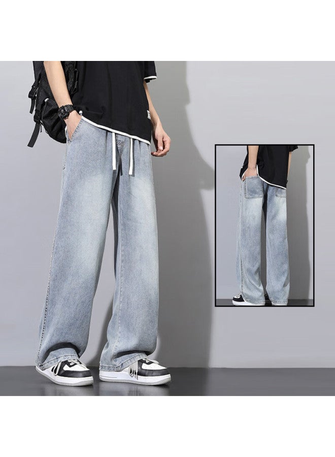 Homlean Korean-style High Street Jeans, Spring And Summer Washed Lyocell Vibe Casual Loose Trousers, Bs882 Light Blue 3XL - Image 1