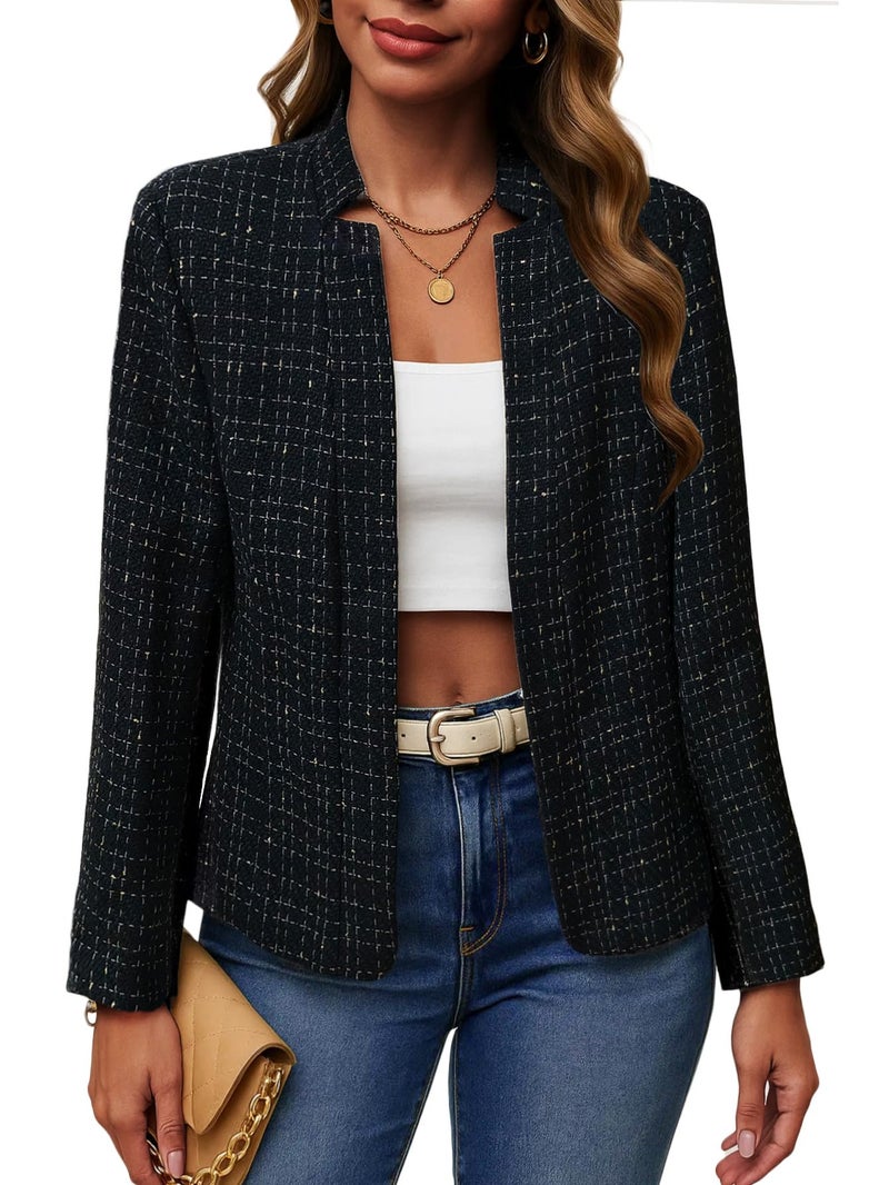 Mina Self Tweed Blazers Jacket for Women 2025 Spring Plaid Business Casual Tops Fashion Dressy Trendy Work Office Fitted Professional Womens Blazer Outfits Womens Blazers Suit Jackets 2Black M