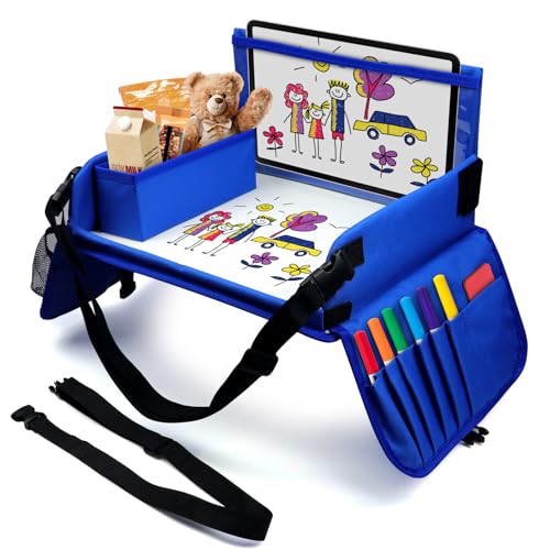 Julaiwy Travel Tray for Kids Carseat Table Tray for Road Trip Activities Toddler Lap Desk Organizer for Airplane Blue - Image 1