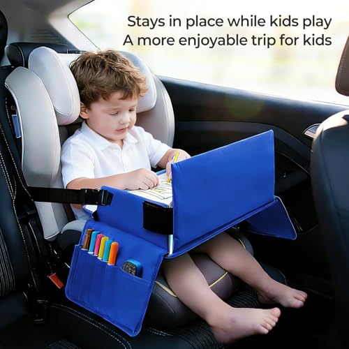 Julaiwy Travel Tray for Kids Carseat Table Tray for Road Trip Activities Toddler Lap Desk Organizer for Airplane Blue - Image 3