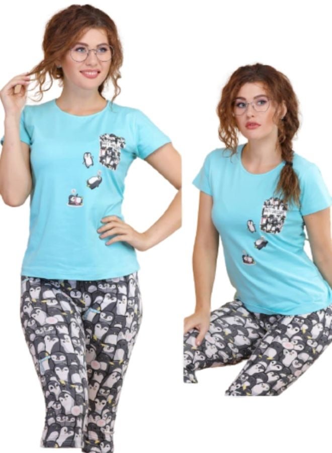 جنة بيجامة نوم نسائية باكمام قصيره وبنطلون برمودا مصنوعة من القطن - Image 2