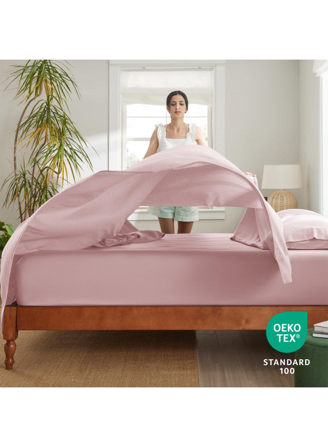 Bedsure Bedsure Lyocell Cotton Sheet Set - Cooling Bed Sheets Queen, Silky Soft and Breathable Eucalyptus Sheets with Deep Pocket, 4 Pieces, Pink Sheets, Luxury Hotel Bedding Set  - Image 4