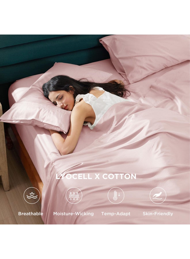 Bedsure Bedsure Lyocell Cotton Sheet Set - Cooling Bed Sheets Queen, Silky Soft and Breathable Eucalyptus Sheets with Deep Pocket, 4 Pieces, Pink Sheets, Luxury Hotel Bedding Set  - Image 3