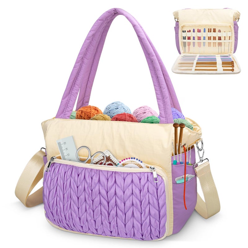 DALINDA Crochet Bag OrganizerYarn Bag and Tote Yarn Storage with Multiple Pockets for Crochet Supplies Knitting Bag for GiftsPortable DurablePurple - Image 2