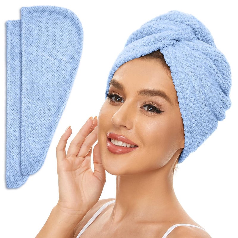 2 Pack Microfiber Hair Towel Wrap for Women Anti Frizz Quick Drying Hair Turban for All Hair Style Absorbent and Lightweight Blue