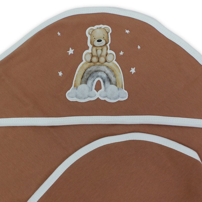 Berceau Cotton Baby Blanket – with Teddy Bear Sitting Rainbow Print – Brick - Image 3