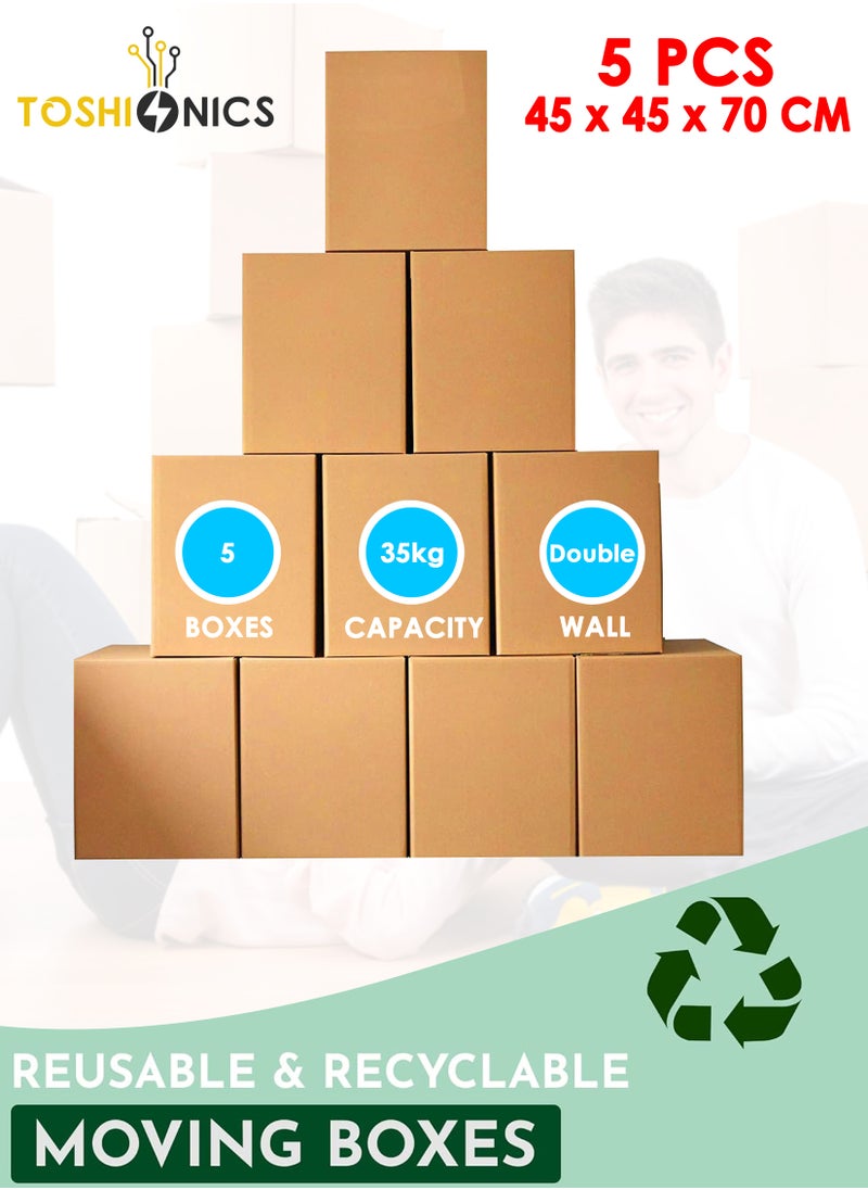 Toshonics 5 Pack Large Heavy Duty Double Wall 5 Ply Carton Box Cardboard Box for Moving Shipping Storage Size 70 X 45 X 45 cm Capacity 35 Kg Brown  - Image 1