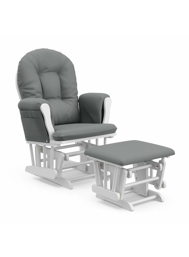 Storkcraft Premium Hoop Glider and Ottoman (White Base, Gray Cushion) – Padded Cushions with Storage Pocket, Smooth Rocking Motion, Easy to Assemble, Solid Hardwood Base - Image 1