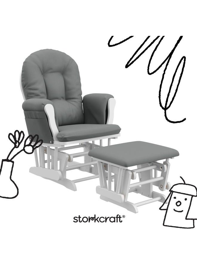 Storkcraft Premium Hoop Glider and Ottoman (White Base, Gray Cushion) – Padded Cushions with Storage Pocket, Smooth Rocking Motion, Easy to Assemble, Solid Hardwood Base - Image 2