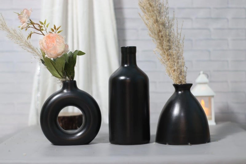 The Vintage Artefacts Ceramic vase Set of 3 Bottle vase Elegant vase Ring Vase Black  - Image 1