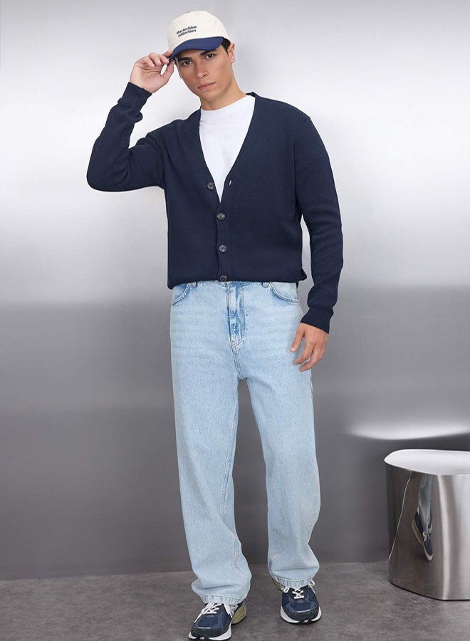 trendyol Navy Blue Men's Slim Fit Cotton VNeck Buttoned Cardigan - Image 1