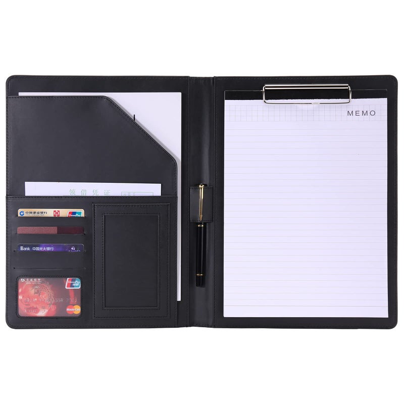 RHCSZ Padfolio/Portfolio Folder Clipboard,Resume/Interview Document Organizer & Business Card Holder Slot/Letter/A4 Size Writing Pad Holder,Faux Leather Office Conference Notepad Clip Boards, Black - Image 1