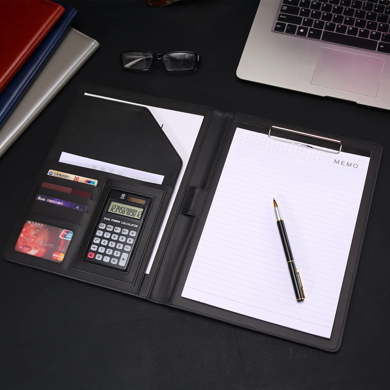 RHCSZ Padfolio/Portfolio Folder Clipboard,Resume/Interview Document Organizer & Business Card Holder Slot/Letter/A4 Size Writing Pad Holder,Faux Leather Office Conference Notepad Clip Boards, Black - Image 4