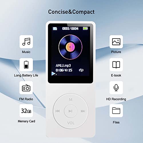 arungo MP3 Player 32GB with Speaker Earphone Portable Mini White Music Player Support Voice Recorder E-Book 1.8 inch HD Screen Support up to 128GB - Image 4