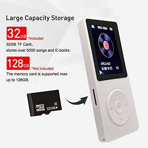 arungo MP3 Player 32GB with Speaker Earphone Portable Mini White Music Player Support Voice Recorder E-Book 1.8 inch HD Screen Support up to 128GB - Image 5