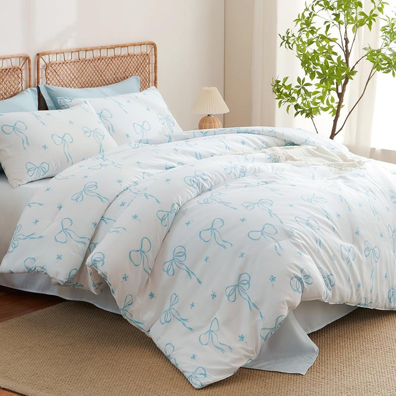 Bildenly Comforter Set Full Size White - Blue Bow Quilt Bedding Set 3 Pieces, Comforter Set Full, Soft Lightweight Comforter(79‘’ x 90‘’) for Girl All Season & 2 Pillow Cases(30‘’x20‘’) - Image 1
