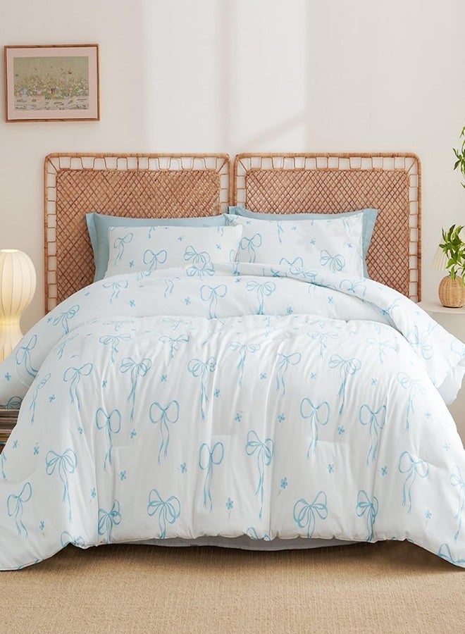 Bildenly Comforter Set Full Size White - Blue Bow Quilt Bedding Set 3 Pieces, Comforter Set Full, Soft Lightweight Comforter(79‘’ x 90‘’) for Girl All Season & 2 Pillow Cases(30‘’x20‘’) - Image 2