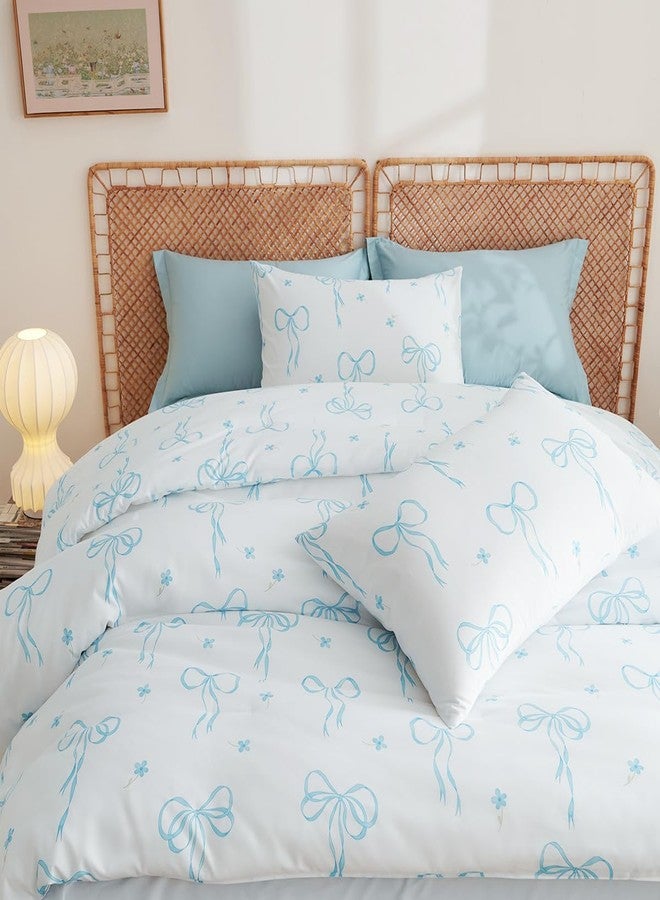 Bildenly Comforter Set Full Size White - Blue Bow Quilt Bedding Set 3 Pieces, Comforter Set Full, Soft Lightweight Comforter(79‘’ x 90‘’) for Girl All Season & 2 Pillow Cases(30‘’x20‘’) - Image 3