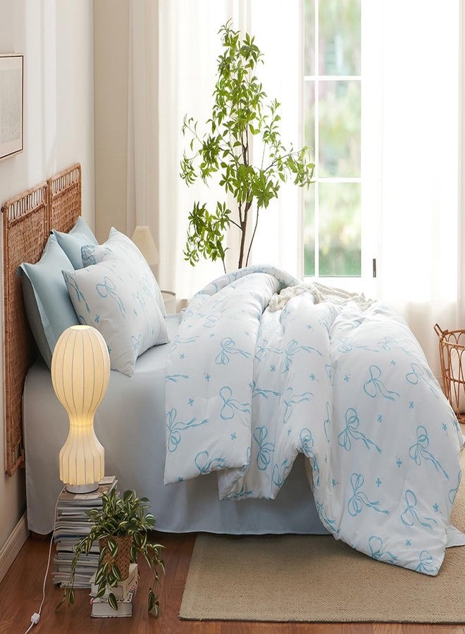 Bildenly Comforter Set Full Size White - Blue Bow Quilt Bedding Set 3 Pieces, Comforter Set Full, Soft Lightweight Comforter(79‘’ x 90‘’) for Girl All Season & 2 Pillow Cases(30‘’x20‘’) - Image 5