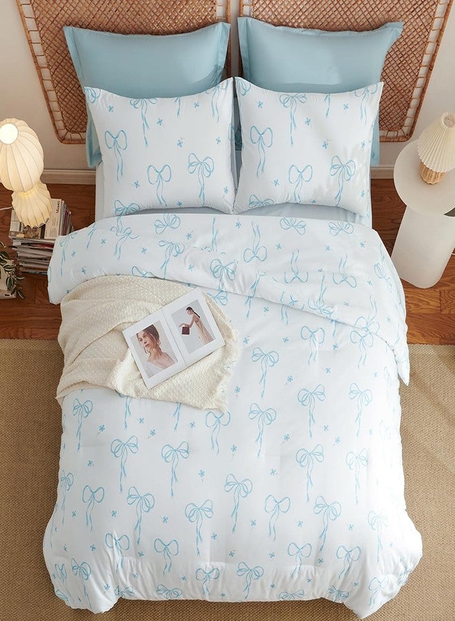 Bildenly Comforter Set Full Size White - Blue Bow Quilt Bedding Set 3 Pieces, Comforter Set Full, Soft Lightweight Comforter(79‘’ x 90‘’) for Girl All Season & 2 Pillow Cases(30‘’x20‘’) - Image 4