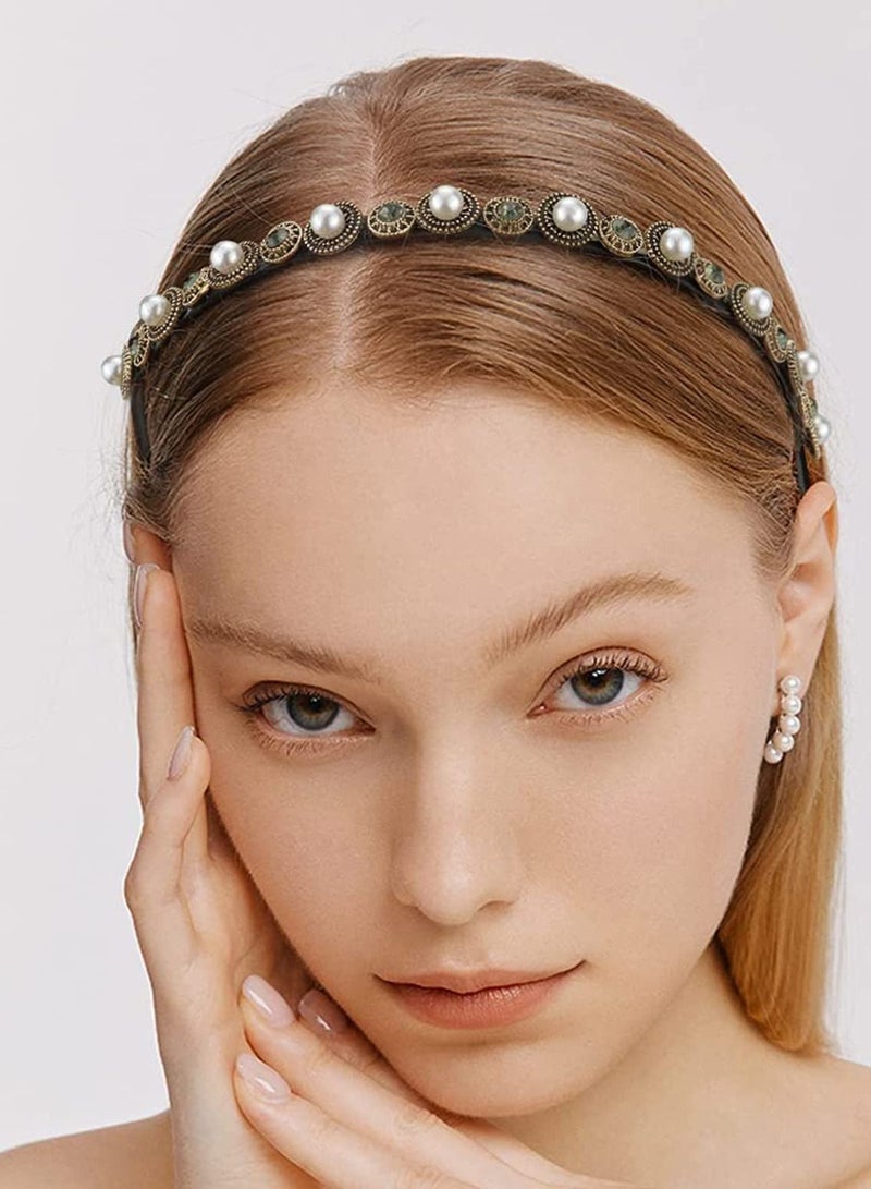إسكدنيا 3 Pcs Pearls Rhinestones Thin Headbands for Women Girls Luxury Vintage Hair Bands Women's with Cloth Wrapped Metal Hoop Baroque Headpiece Elastic Head - Image 2