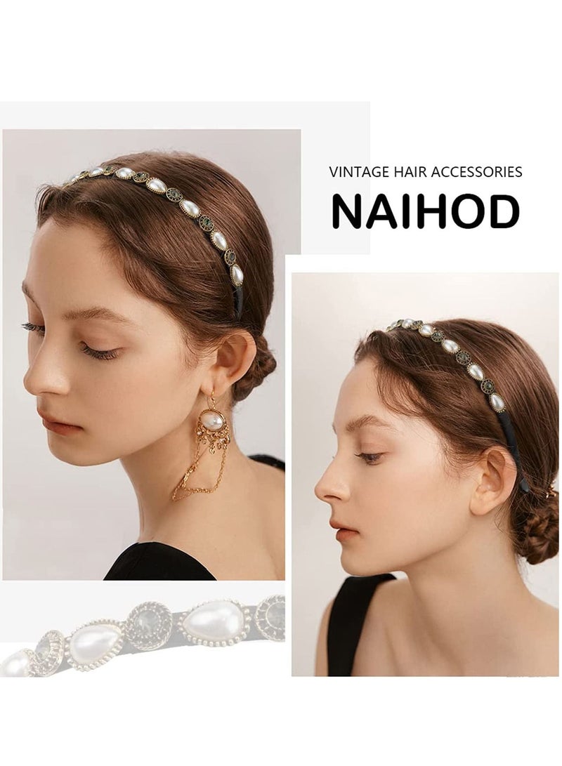 إسكدنيا 3 Pcs Pearls Rhinestones Thin Headbands for Women Girls Luxury Vintage Hair Bands Women's with Cloth Wrapped Metal Hoop Baroque Headpiece Elastic Head - Image 5