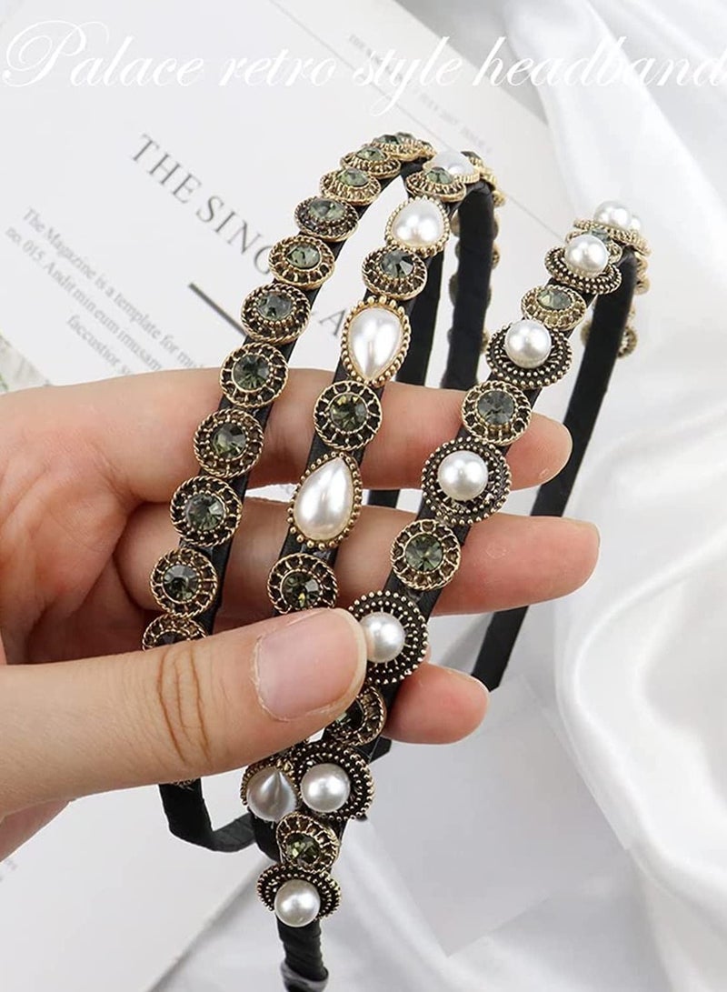 إسكدنيا 3 Pcs Pearls Rhinestones Thin Headbands for Women Girls Luxury Vintage Hair Bands Women's with Cloth Wrapped Metal Hoop Baroque Headpiece Elastic Head - Image 4