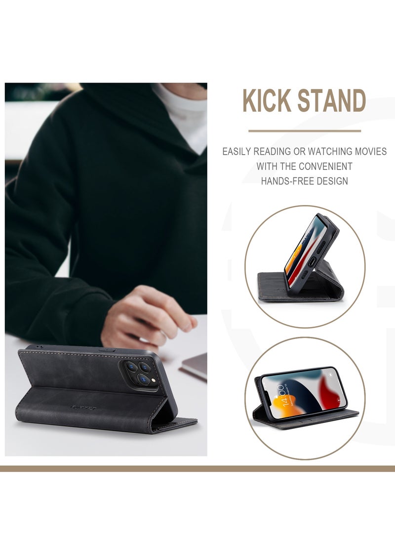 CaseMe iPhone 13 Pro MAX, Premium Vintage Leather Flip Case [TPU Protection] [Protective Function] [Card Slots] [Magnetic Closure] Leather Flip Case for Original iPhone 13 Pro MAX - Black - Image 5