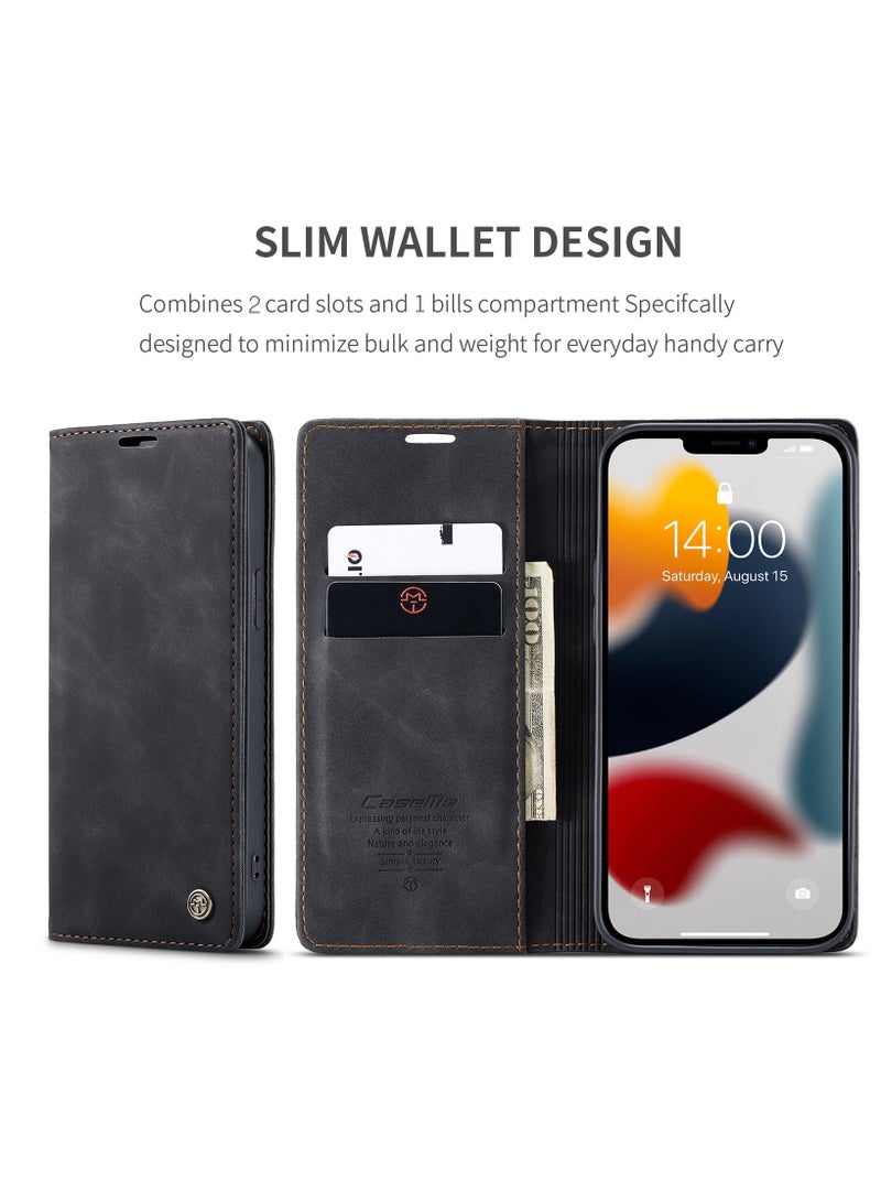 CaseMe iPhone 13 Pro MAX, Premium Vintage Leather Flip Case [TPU Protection] [Protective Function] [Card Slots] [Magnetic Closure] Leather Flip Case for Original iPhone 13 Pro MAX - Black - Image 2