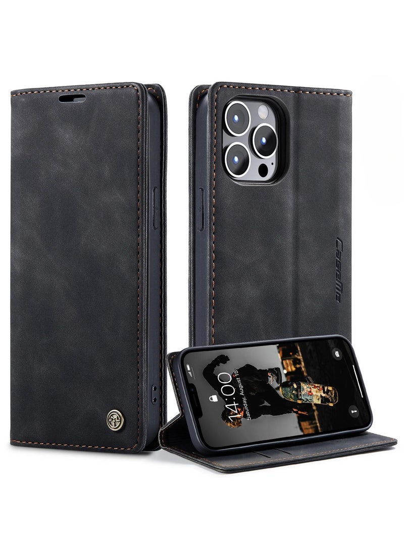 CaseMe iPhone 13 Pro MAX, Premium Vintage Leather Flip Case [TPU Protection] [Protective Function] [Card Slots] [Magnetic Closure] Leather Flip Case for Original iPhone 13 Pro MAX - Black - Image 1