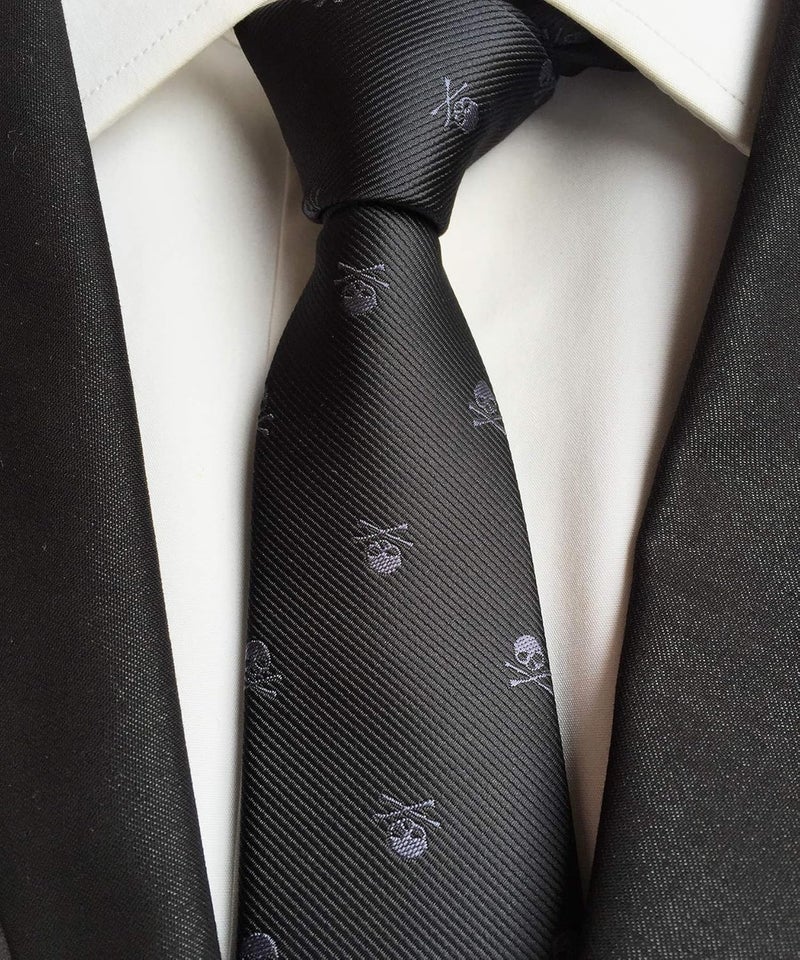 Elfeves Men's Skinny Novelty Ties Repp Skull Design Jacquard Woven Casual Halloween Necktie - Image 2